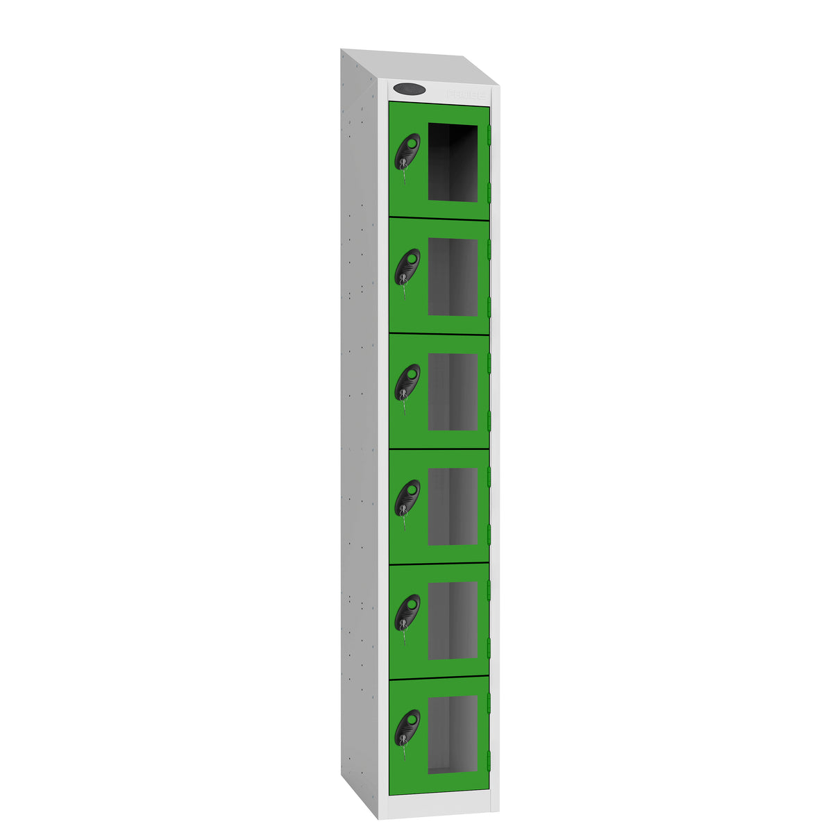 Probe Vision Panel Metric Locker — 6 Door, Sloping Top, 300mm — White Carcass / Green Doors