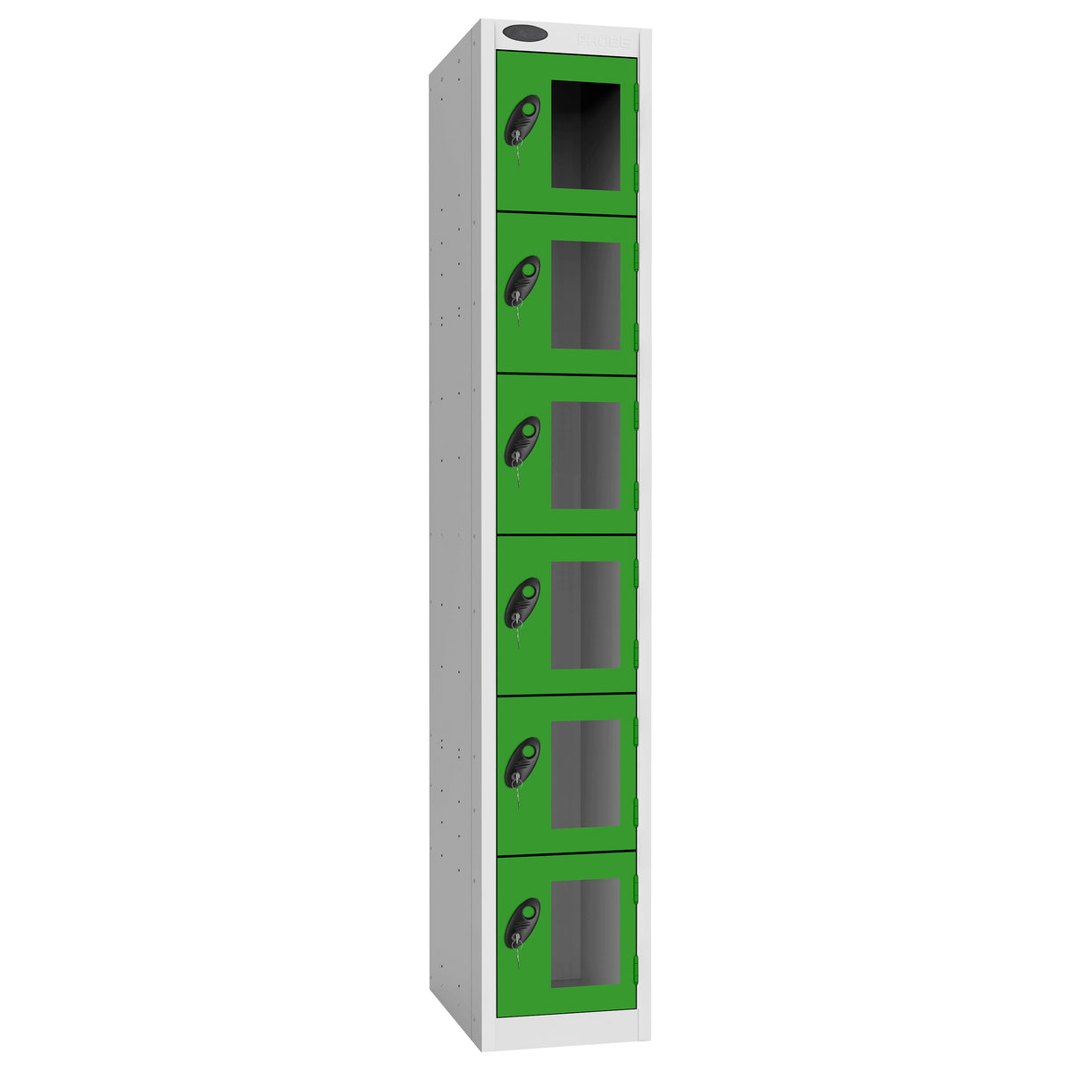 Probe Vision Panel Metric Locker — 6 Door, Flat Top, 300mm — White Carcass / Green Doors