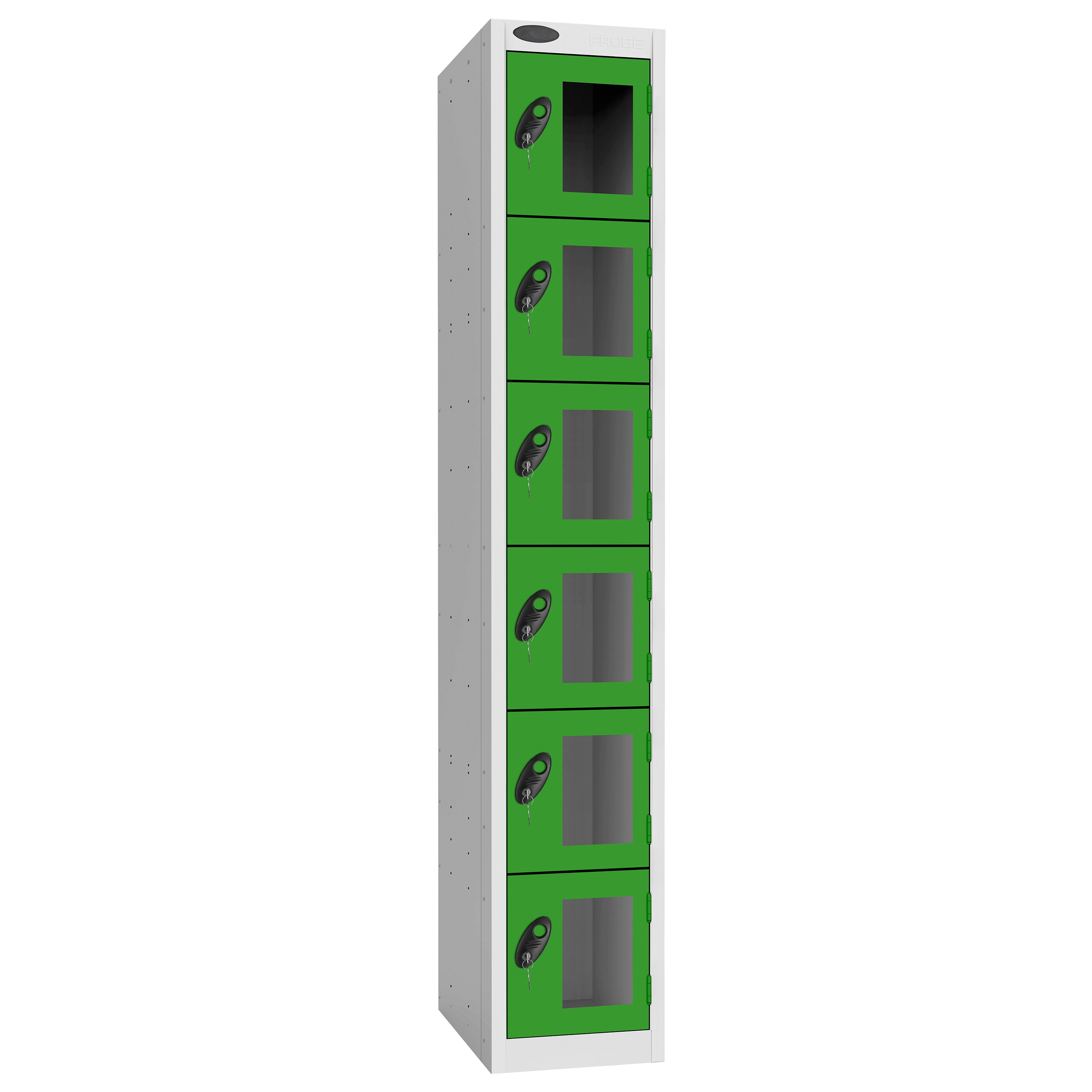 Probe Vision Panel Metric Locker — 6 Door, Flat Top, 300mm — White Carcass / Green Doors