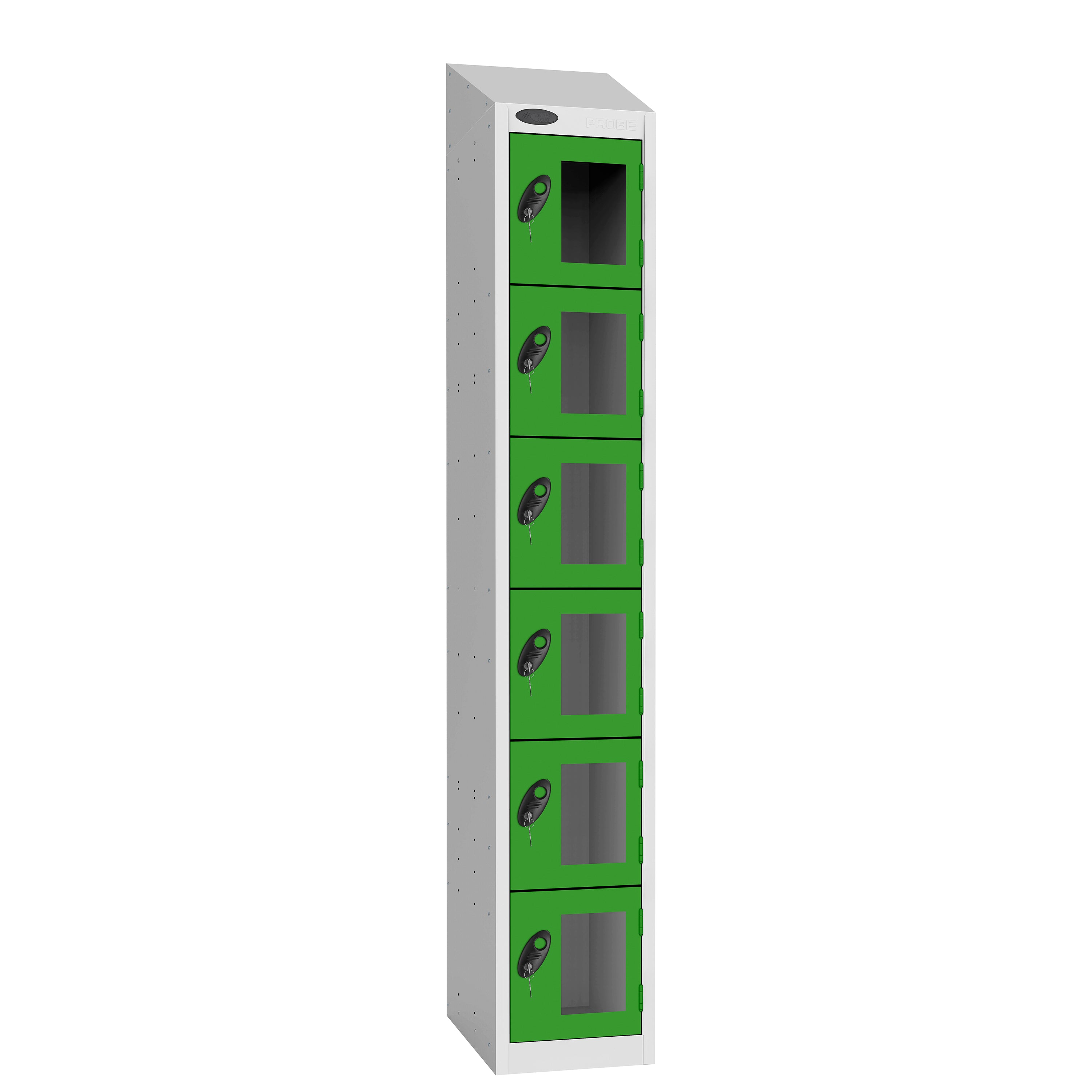 Probe Vision Panel Metric Locker — 6 Door, Wide Format (380-450mm) — White Carcass / Green Doors