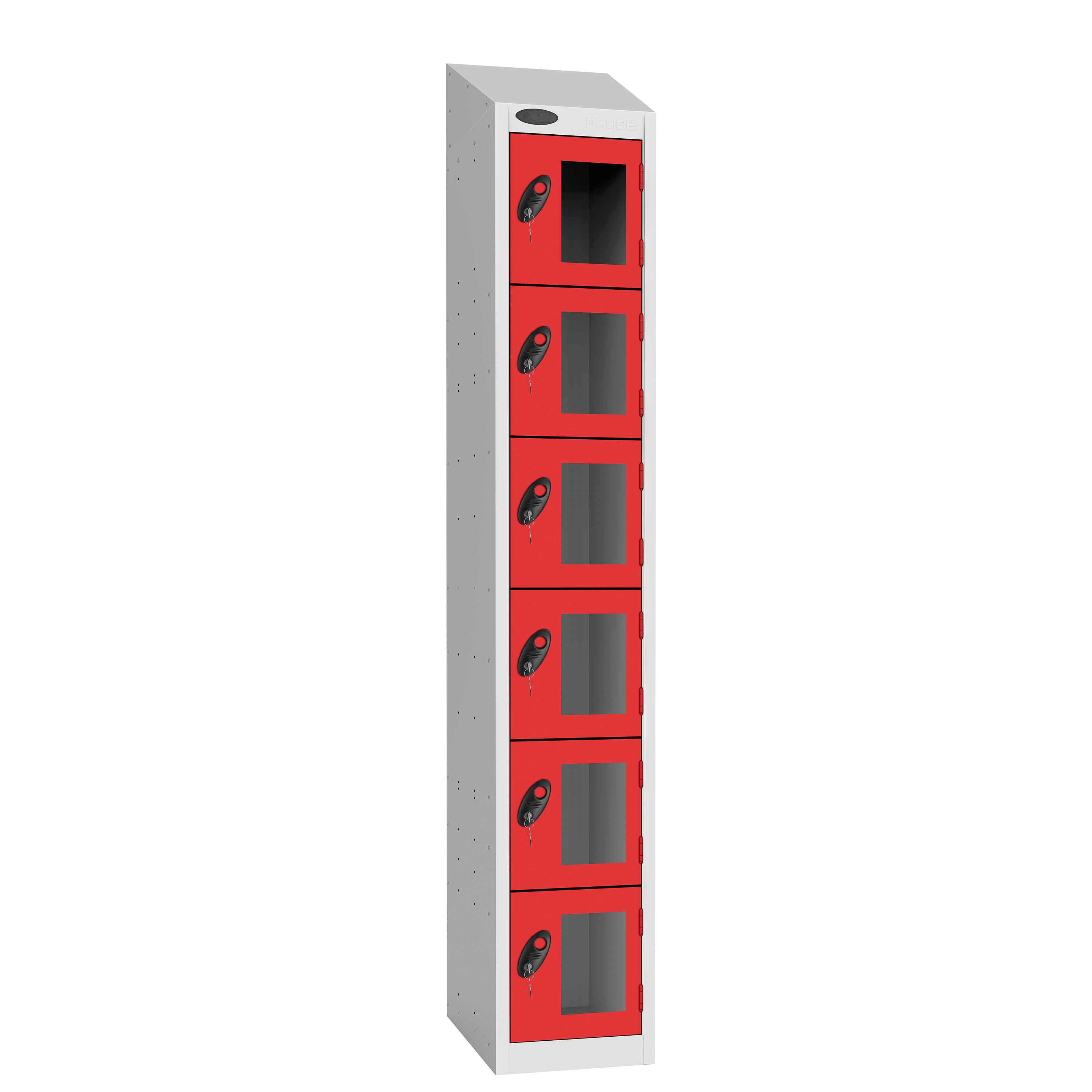 Probe Vision Panel Metric Locker — 6 Door, Sloping Top, 300mm — White Carcass / Red Doors