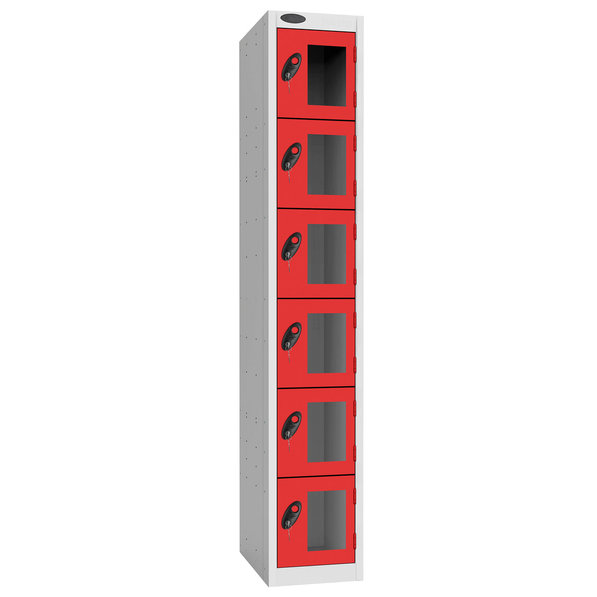 Probe Vision Panel Metric Locker — 6 Door, Flat Top, 300mm — White Carcass / Red Doors