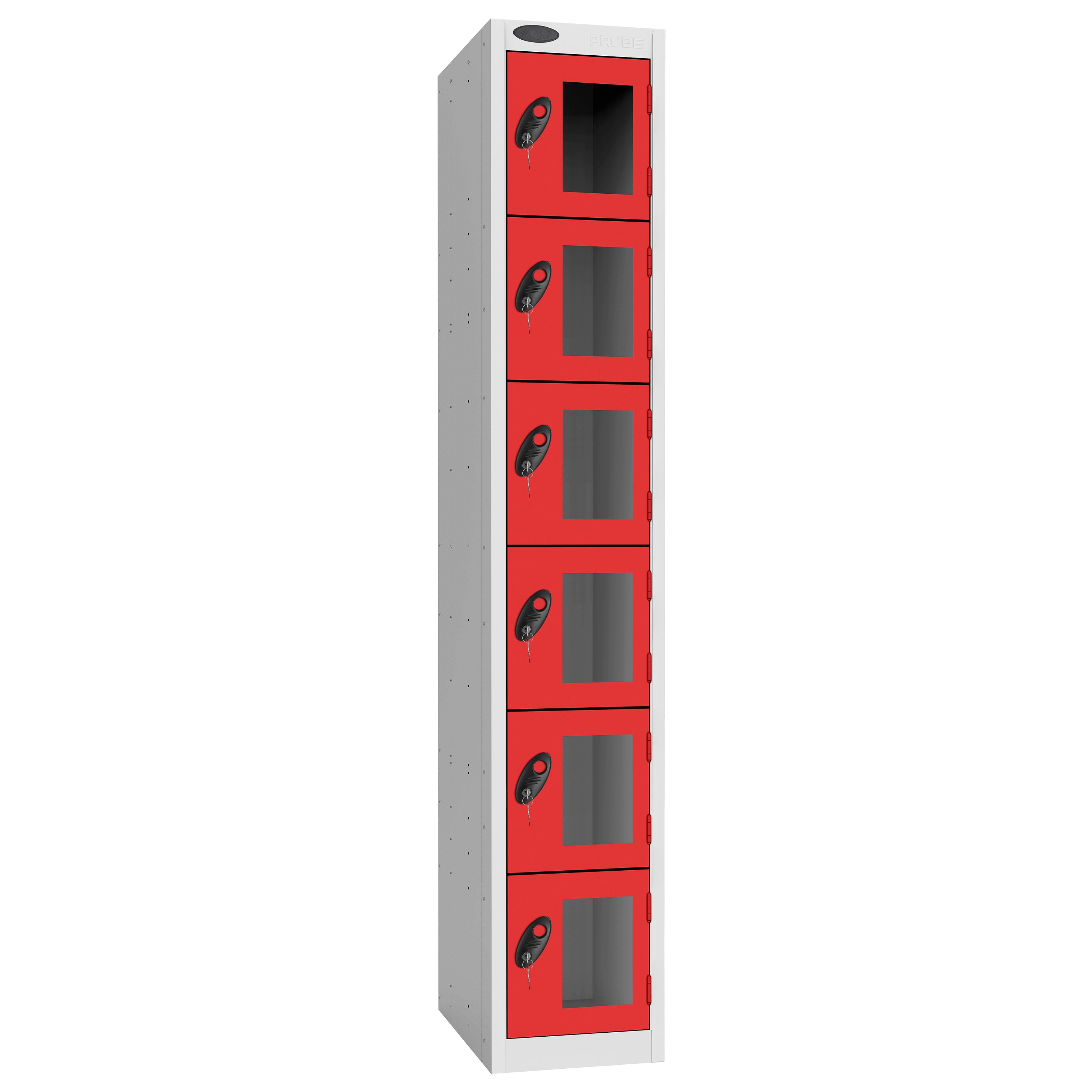 Probe Vision Panel Metric Locker — 6 Door, Flat Top, 300mm — White Carcass / Red Doors