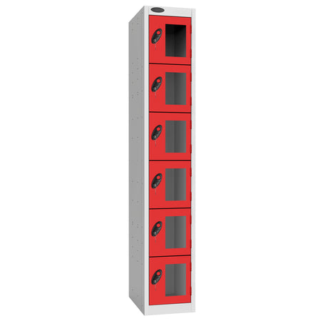 Probe Vision Panel Metric Locker — 6 Door, Flat Top, 300mm — White Carcass / Red Doors