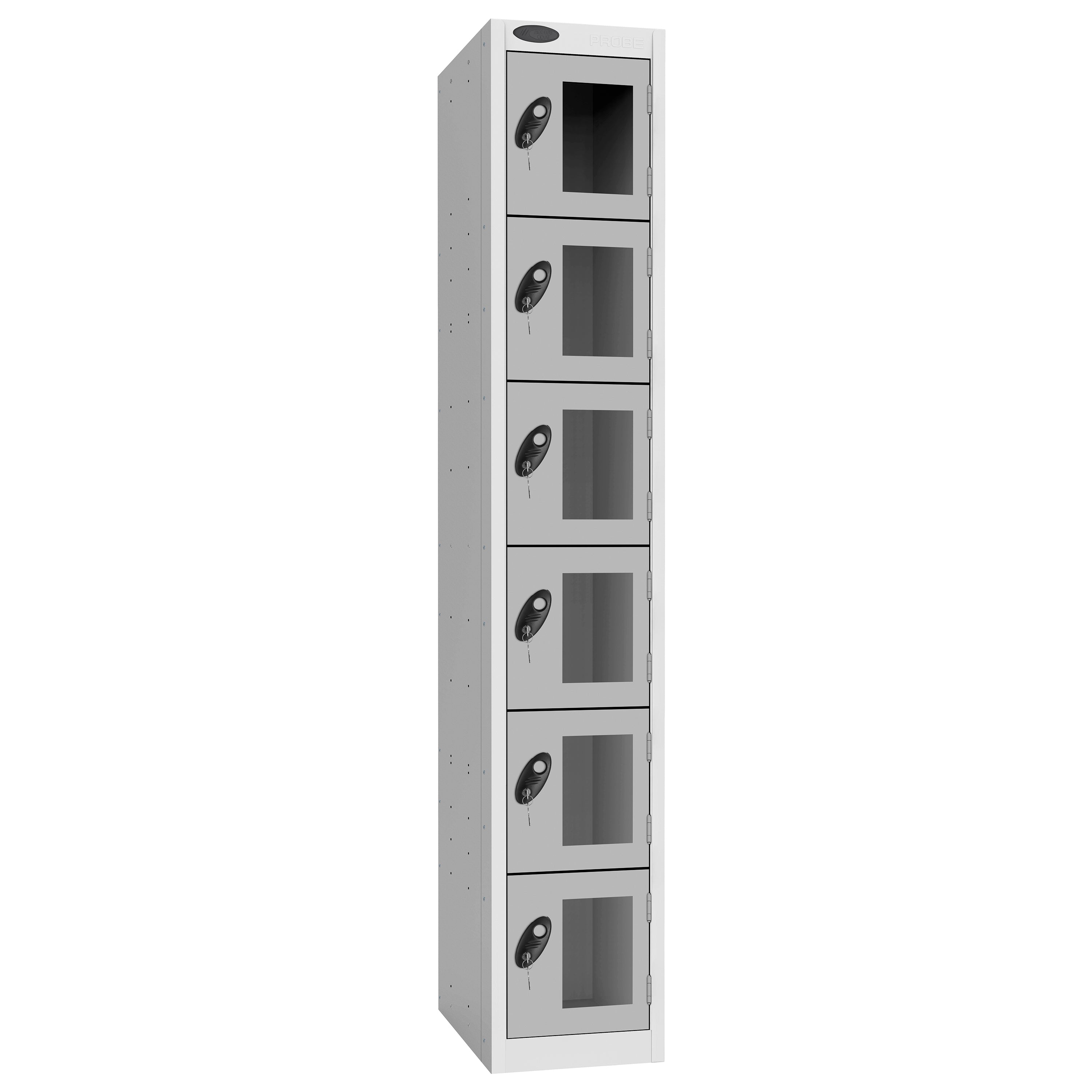 Probe Vision Panel Metric Locker — 6 Door, Flat Top, 300mm — White Carcass / Silver Doors