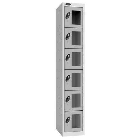 Probe Vision Panel Metric Locker — 6 Door, Flat Top, 300mm — White Carcass / Silver Doors