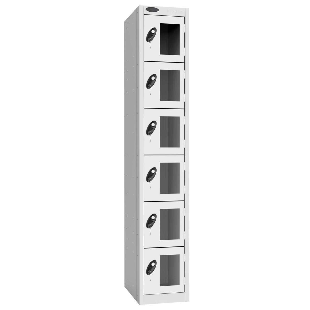 Probe Vision Panel Metric Locker — 6 Door, Flat Top, 300mm — White Carcass / White Doors