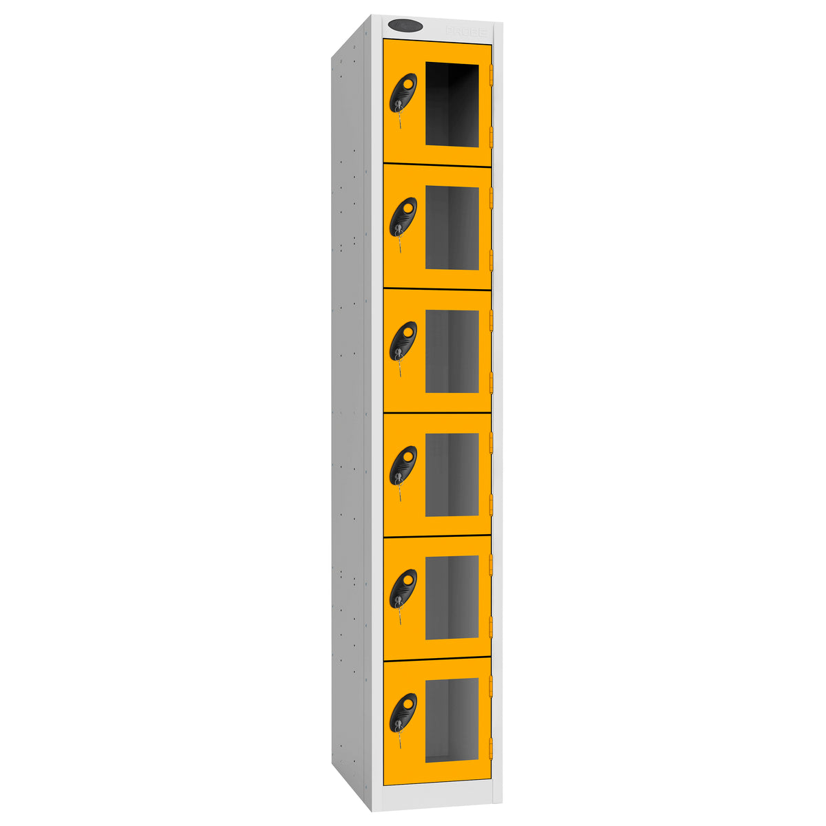 Probe Vision Panel Metric Locker — 6 Door, Flat Top, 300mm — White Carcass / Yellow Doors