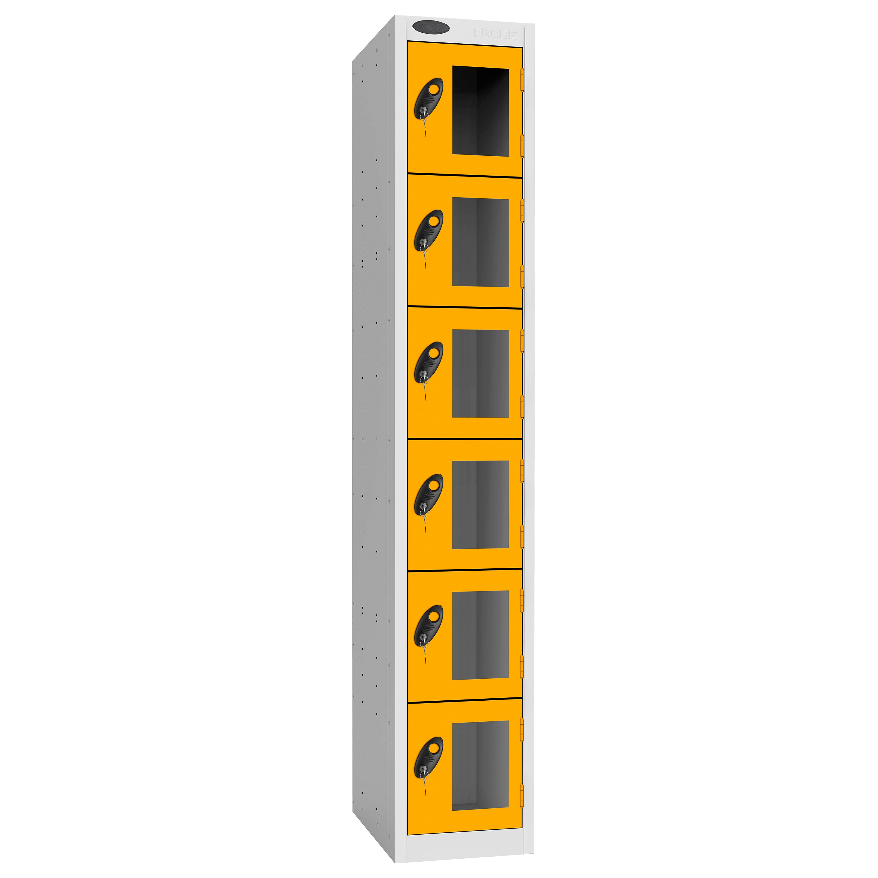 Probe Vision Panel Metric Locker — 6 Door, Flat Top, 300mm — White Carcass / Yellow Doors