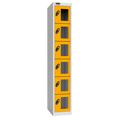 Probe Vision Panel Metric Locker — 6 Door, Flat Top, 300mm — White Carcass / Yellow Doors